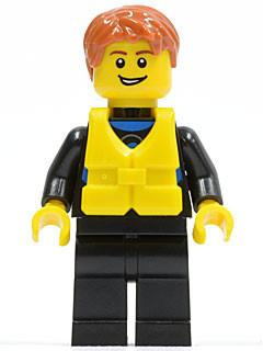 LEGO Minifigure-Wetsuit with Blue Sign, Black Legs, Dark Orange Short Tousled Hair, Life Jacket Center Buckle, Open Grin-Town / City-CTY469-Creative Brick Builders